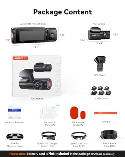 Vantrue N4 Pro 4K 3 Channel Dash Cam, STARVIS 2 IMX678 x PlatePix™ x HDR Night Vision, 4K+1080P+1080P Front Inside and Rear Dash Camera, Voice Control, WiFi, GPS, 24H Parking Mode, Support 512GB Max 9