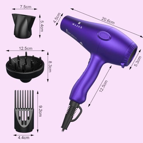 Wazor 3rd Generation Lightweight Low Noise Hair Dryer,(1875W Tourmaline Ceramic Negative Ionic Blow Dryer 2 Speed 3 Heat Settings Cool Shot with Diffuser Concentrator(Purple) 5