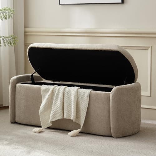 VKNOW 46" Oval Storage Ottoman Bench, Upholstered End of Bed Bench Ottomans Bench Foot Rest, Sherpa Storage Bench for Bedroom, Living Room and Hallway, Light Brown