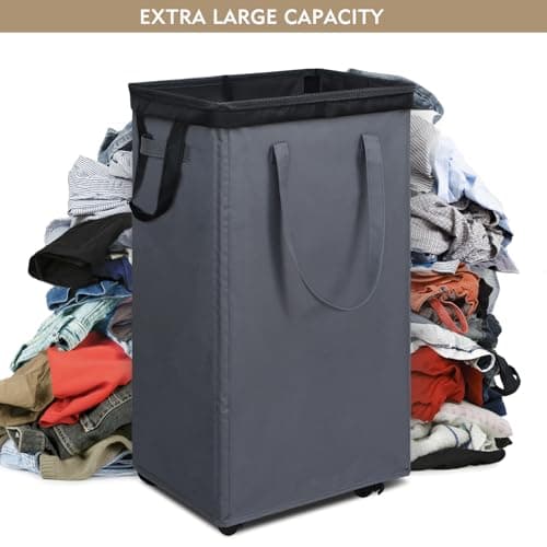DOKEHOM 90L X-Large Laundry Basket with Removable Wash Bag on Wheels, Collapsible Rolling Laundry Hamper, Foldable Clothes Organizer, Folding Washing Bin (Grey) 5