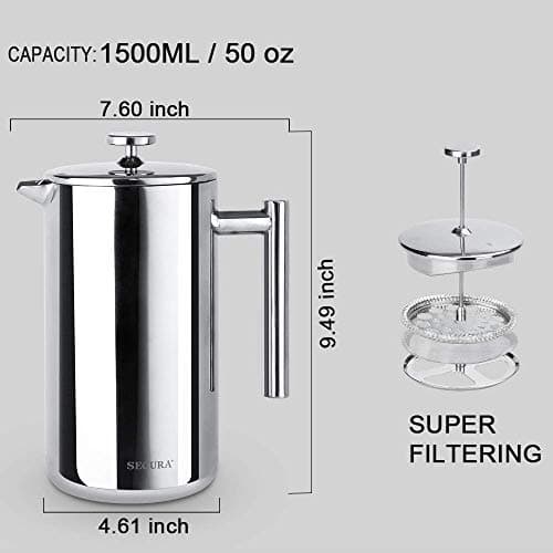 Secura French Press Coffee Maker, 304 Grade Stainless Steel Insulated Coffee Press with 2 Extra Screens, 50oz (1.5 Litre), Silver 5