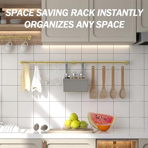 ROTHLEY Stainless Steel Pot and Pan Hanger - 39.4 Inch Wall Mounted Hanging Pots and Pans Rack for Kitchen Wall Rail with Hooks (Brass) 5