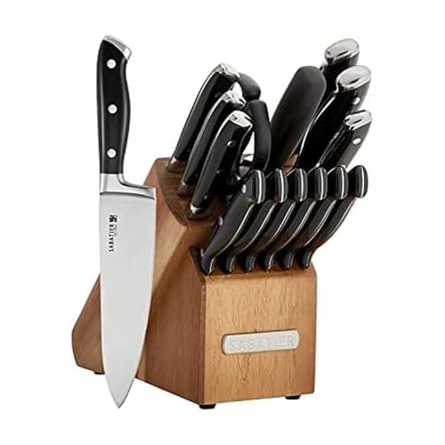 Sabatier 15-Piece Forged Triple Rivet Knife Block Set, High-Carbon Stainless Steel Kitchen Knives, Razor-Sharp Knife set with Acacia Wood Block, Black Handles