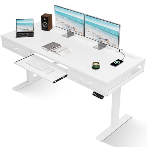 AODK Electric Standing Desk with Drawers & Keyboard Tray, 55 Inch Height Adjustable Desk with Power Outlets, Sit Stand Table, Writing Computer Desk for Home, Office, Workstation, White