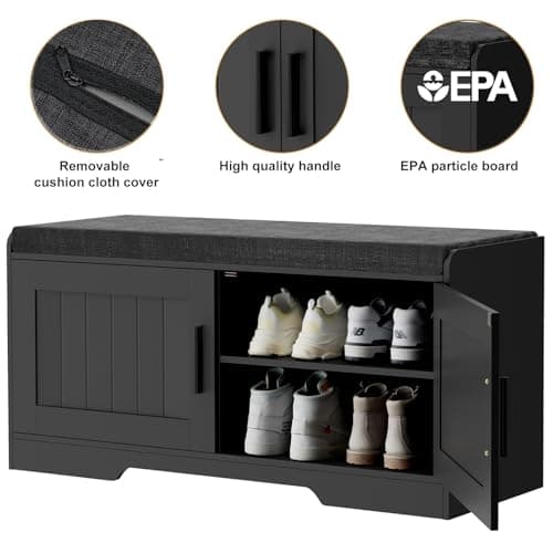 Homleke 2-Tier Storage Bench, Shoe Bench with Thickened Padded Seat Cushion, Entryway Bench with 2 Doors, Adjustable Shelf, 13.8" D x 37.4" W x 18.5" H, for Entryway, Living Room, Bedroom, Black 7