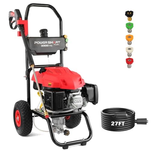 PowerSmart Gas Pressure Washer - 3300 PSI, 2.5 GPM with Onboard Soap Tank, Spray Gun & Wand, and 5 Nozzles - Perfect for Cleaning Cars, Fences, Driveways, Homes, Patios & Furniture