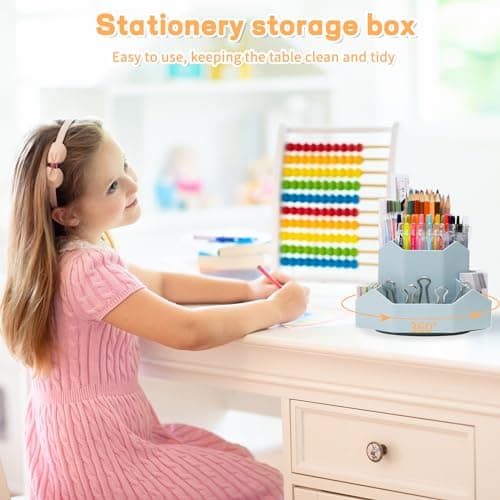 Cayxenful Pencil Pen Holder for Desk,9 Slots 360 Degree Rotating Desk Organizers,Desktop Storage Stationery Supplies Organizer, Cute Pencil Cup Pot For Office, School, Home(Blue) 6