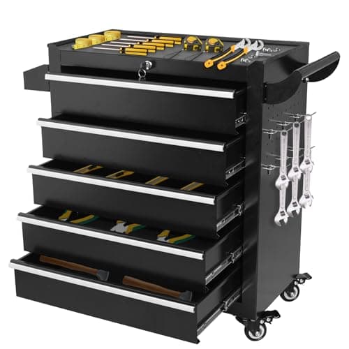 Barphygo Rolling Tool Chest 5-Drawers, Metal Tool Box with Wheels Garage Storage Cabinets with Lock Tools Drawer Organization Workbench Toolbox for Warehouse, Workshop & Repair Shop