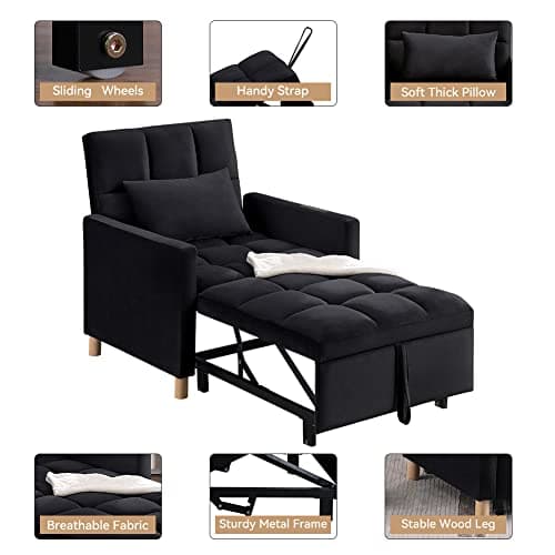 Otnqu Convertible Single Sofa Bed with Pillow, Pull Out Sleeper Bed with Adjustable Backrest, Multi-Function Lounge Chair for Living Room (Black) 5