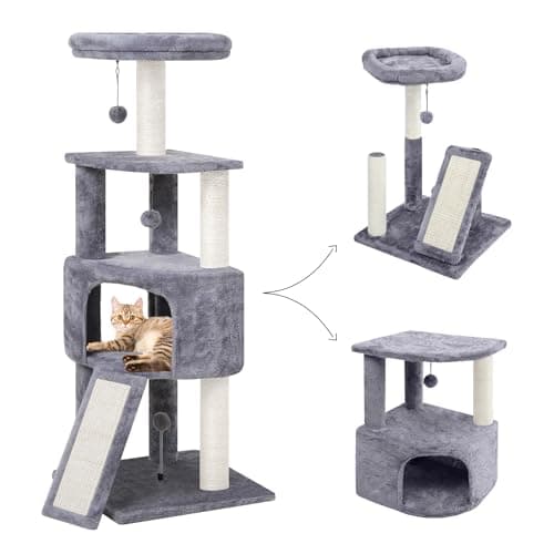 HUITREE 45in Cat Tree Tower with Big Condo for Indoor Kitten,Cat Tower with Scratching Post,Scratching Board and Cat Toys,Multi-Level,Small Space,Transformer Cat Tree, Grey(New)