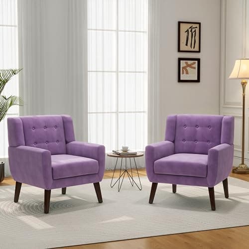 Accent Chair, Mid-Century Modern Velvet Fabric Chairs with Arms for Living Room, Comfy Upholstered Club Single Sofa Armchair for Bedroom Waiting Room with Solid Wood Frame (Velvet Purple, Set of 1) 5