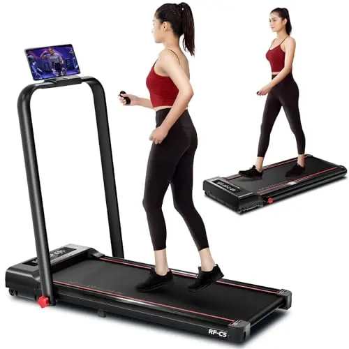 RHYTHM FUN Foldable Treadmill, 300 lb Capacity Walking Pad 2.5HP Treadmill Under Desk, Portable Treadmill for Home and Office, Folding Treadmill 2 in 1 with Remote Control, LED Display, BlackRed