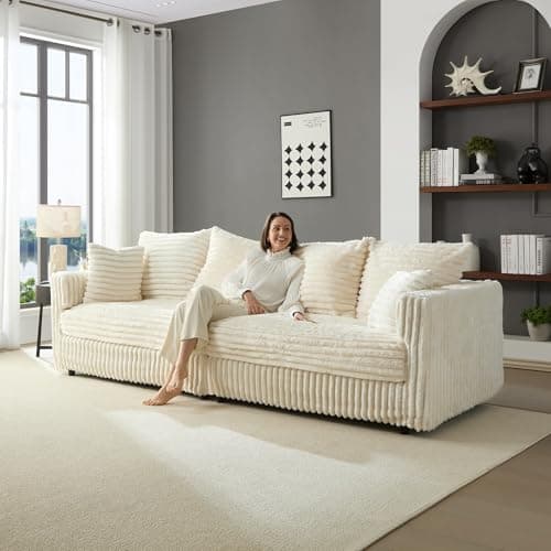 Tabaray 102.4" Oversized Cloud Couch, Convertible 4 Deep Seat Foam Sofa Couch, 2 in 1 Plush Corduroy Sofa with 6 Soft Pillows, Modern Modular Sectional Couches for Living Room, Apartment, Beige