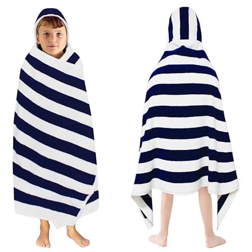 ORIGINAL KIDS Hooded Bath Towel Wrap - 100% Cotton Terry Large Oversized Hooded Kids Towel - Toddler Shower Pool Beach Towel - Soft Plush Absorbent Quick Dry Easy Care Gift - 30x60- Cabana Stripe Blue