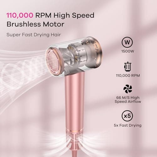 High-Speed Ionic Hair Dryer:3Min Fast Dry with Brushless Motor - Quiet, Mini Portable Hair Dryer Hair Care with Diffuser for Curly Hair Salon Home Travel for Women/Men/Baby/Pet 8