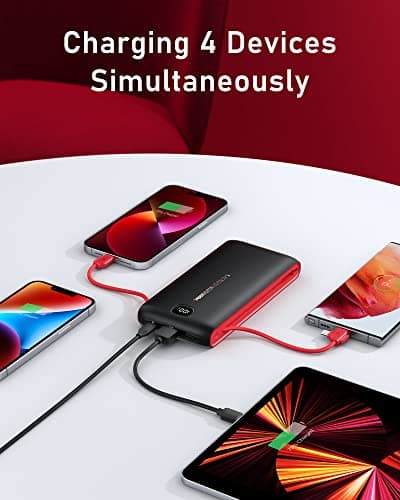 VEEKTOMX Portable Charger with Built in Cables 20000mAh, Power Bank for iPhone with AC Wall Plug, Fast Charging USB C Slim Battery Pack with LED Display Compatible with iPhone 17/16/15, Samsung 6