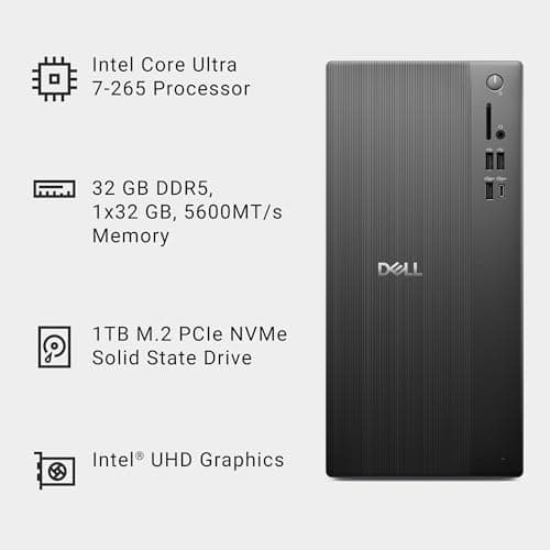 Dell Tower Desktop ECT1250 - Intel Core Ultra 7-265 Processor, UHD Graphics, 32GB Memory, 1TB M.2 SSD, 3.0 SD Card Reader, Wired Keyboard and Mouse, Windows 11 Home, Basic Onsite Service 10