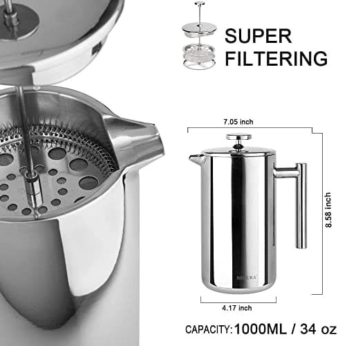 Secura French Press Coffee Maker, 304 Grade Stainless Steel Insulated Coffee Press with 2 Extra Screens, 34oz (1 Litre), Silver 4