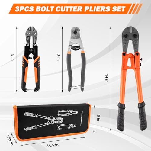 3 Piece Bolt Cutter Pliers Set, 14" Heavy Duty Bolt Cutter, 8" Mini Cutter & 8" Wire Rope Cutter with Storage Bag, CR-V Steel Blades for Chains, Locks, Barbed Wire 6