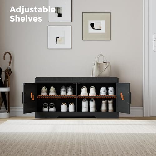 Homleke 2-Tier Storage Bench, Shoe Bench with Thickened Padded Seat Cushion, Entryway Bench with 2 Doors, Adjustable Shelf, 13.8" D x 37.4" W x 18.5" H, for Entryway, Living Room, Bedroom, Black 5