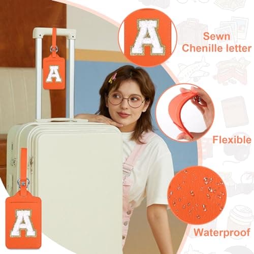 Initial Luggage Tags for Suitcases, Cute Letter Luggage Bag Suitcase Identifier Name Baggage Tag, PU Leather Travel Luggage Tags, Bag Tags for Men Women Kids Luggage Handbags(Orange-White A) 7