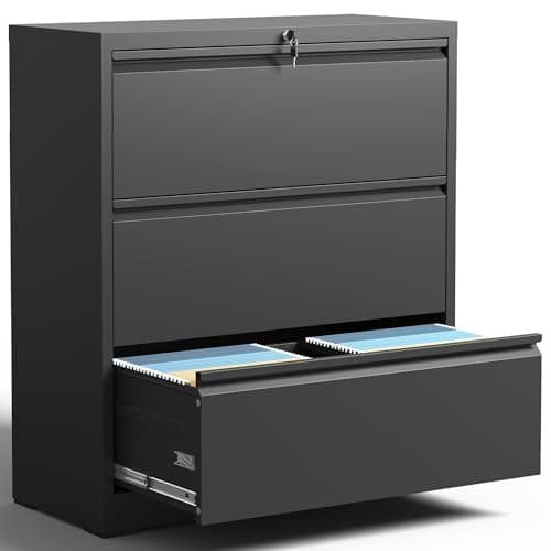 BIZOEIRON 3 Drawer Lateral File Cabinet for Home Office, Metal Filing Cabinet with Lock, Wide File Storage Drawers for Letter/Legal Size Hanging File Folders, Assembly Required, (Black)