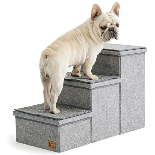 BEDELITE Dog Stairs for Small Medium or Large Dogs, 3 Tiers Dog Steps for High Bed and Couch 17" H, Foldable Pet Stairs with Detachable Mats & Storage, Grey