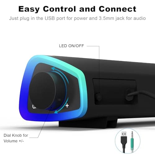 SOULION R30 Computer Speakers, USB Powered PC Speaker, Colorful LED Lights with Switch Button, 3.5mm Aux Surround Soundbar for Desktop Laptop Monitor Office Work Music Gray 5