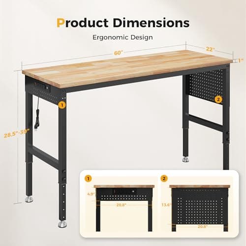CAMMOO 60" Adjustable Heavy Duty Workbench, 2000 LBS Load Capacity Rubber Wood Work Table with Pegboard, Power Outlets, Work Bench for Garage, Workshop, Office, Home, Commercial 8