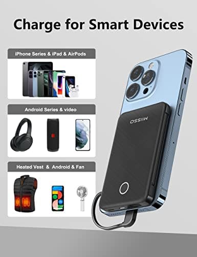 6000mah Ultra Slim Built in Cables Power Bank, Card Size Built in USB C Cords Battery Pack Portable Charger for phones, 3 Output External Battery Pack Compatible with iPhone, Samsung and Heated Vest 4