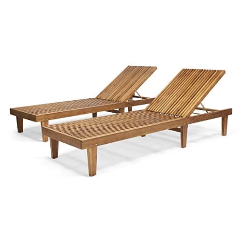 GDFStudio Outdoor Wooden Chaise Lounge, Set of 2 with Teak Finish