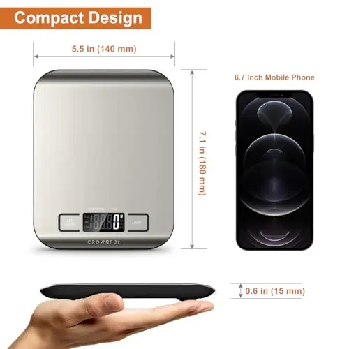CROWNFUL Food Scale, 11 lb Digital Kitchen Scales with Built-in Coin Battery, Weight Ounces and Grams for Cooking and Baking, 6 Units with Tare Function, LCD Display, 304 Stainless Steel 7