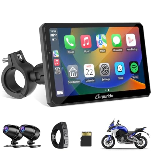 Carpuride W712D Motorcycle Carplay Screen with HD 1080 Dual Dash Cam, Wireless Car Play and Android Auto, 7" Waterproof Rotatable Navigation Touchscreen, Loop Recording, Bluetooth, Wired Controller