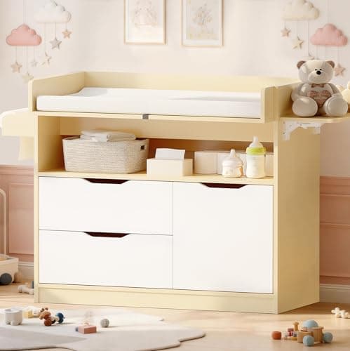 DEYGIA Baby Changing Table Dresser with 3 Drawers and 1 Storage Shelves, Can be Used as a Baby Dresser with Pad, a Changing Table with Drawers (Light Wooden and White)