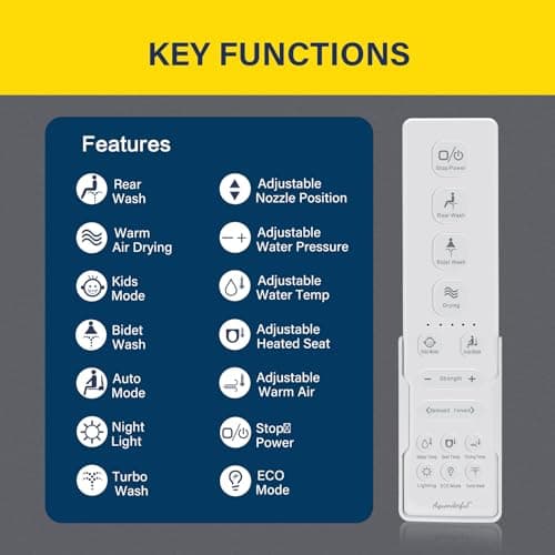 Aquonderful Bidet Toilet Seat, Smart Unlimited Warm Water, Electronic Heated Toilet Seat with Remote Control, Turbo Wash, Dryer, Rear and Front Wash, Slow Closes, Night Light, White, 225 (Elongated) 5