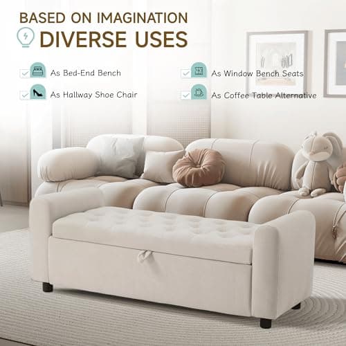 Ottoman with Storage, Tufted Storage Bench for Bedroom, 48" Fabrics End of Bed Bench, Upholstered Entryway Shoe Benches with Rolled Arm & Inner Zipper, Window Ottomans Chest without Rivets, Beige 5