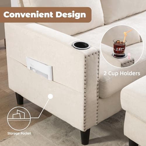 Siiejia Convertible Sectional Couches for Living Room, L-Shaped Couch 3 Seats Sofas with Storage Chaise & 2 Cup Holders, Small Sofa for Apartment, Compact Spaces, Beige 5