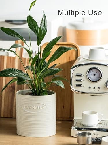 YHOSSEUN Utensil Holder for Kitchen Counter, Ceramic Cooking Utensil Holder for Countertop, 6.7in Oval Utensil Crock Spatula Holder Farmhouse Kitchen Decor, White 9