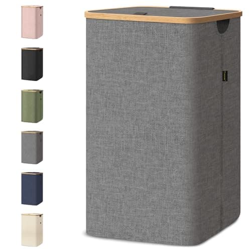 BALEINE Laundry Hamper with Lid, Tall Laundry Baskets with Bamboo Pull Handles, Large Laundry Bin with Internal Support (26 Gal/100L, Grey)