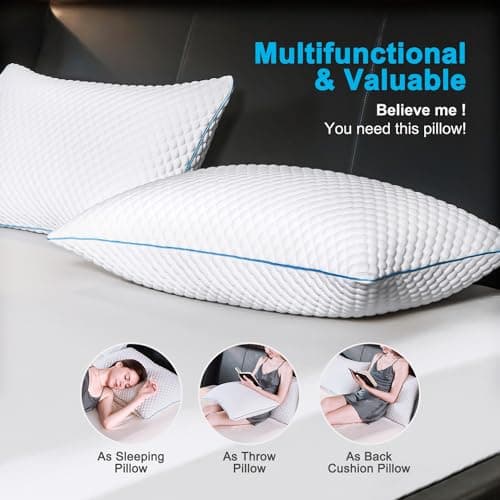 VVZ Cooling Bed Pillows Queen Size Set of 2, Shredded Memory Foam Pillows for Side Back Stomach Sleepers, Luxury Cool Gel Adjustable Firm Bed Pillows for Sleeping 2 Pack Queen Size 20 x 30 Inches 7
