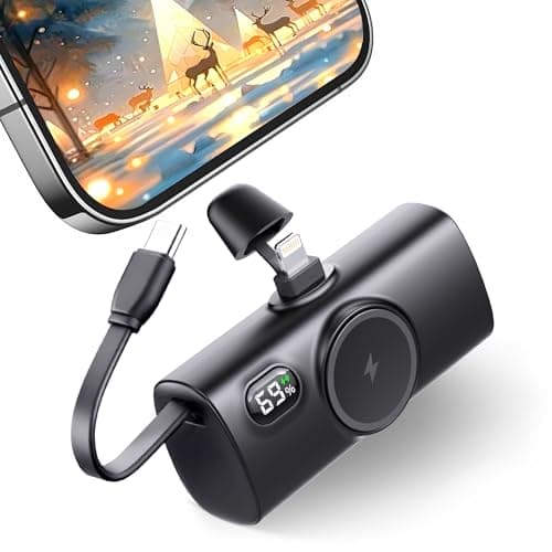 L.LYFOVR Black Power Bank 5000mAh with USB Type C Cable for iPhone Battery Charger Ultra-Compact Portable Charger for iPhone 14 Pro Max/12/13/15/16, Mini Back-up Power Battery for Lightning