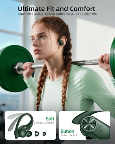 PocBuds Bluetooth Headphones Wireless Earbuds 80hrs Playtime Wireless Charging Case Digital Display Sports Ear Buds with Earhook Deep Bass IPX7 Waterproof Over-Ear Earphones for TV Phone Laptop Olive 6