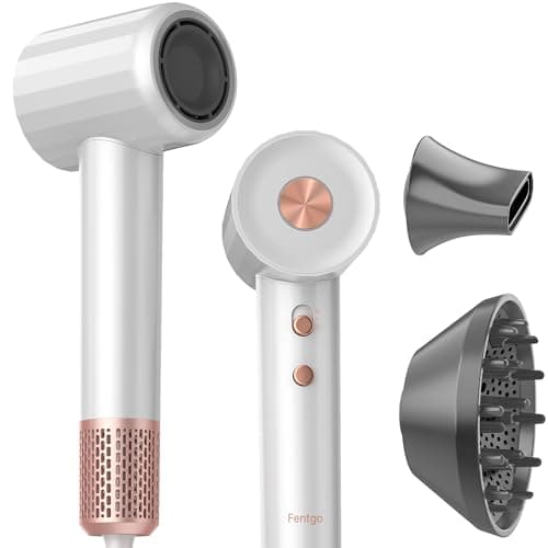 FENTGO Negative Ionic High Speed Hair Dryer, Professional Brushless Blow Dryer with Diffuser and Nozzle for Fast Drying, 2 Speeds & 4 Temps Thermo-Control, Lightweight & Quiet for Home & Travel