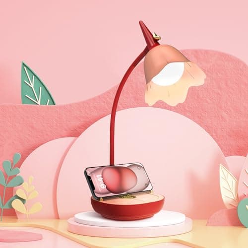 Tekstap Pink Gooseneck Desk Lamp - Cute 2000mAh Rechargeable LED With 3 Dimmable Modes - Eye-Caring Aesthetic Flower Lamp for Kids, Bedroom, Reading, Gift