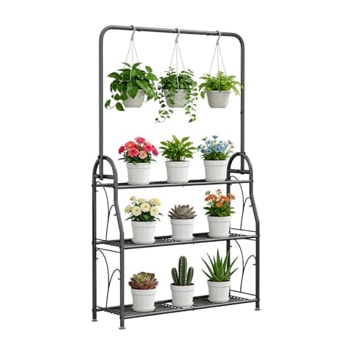 SORCEDAS Plant Stand Indoor Outdoor 3 Tier Tall Corner Hanging Plant Shelf Metal Flower Stands Ladder Plant Holder for Living Room Balcony Garden Patio Multiple Plants, Dark Grey