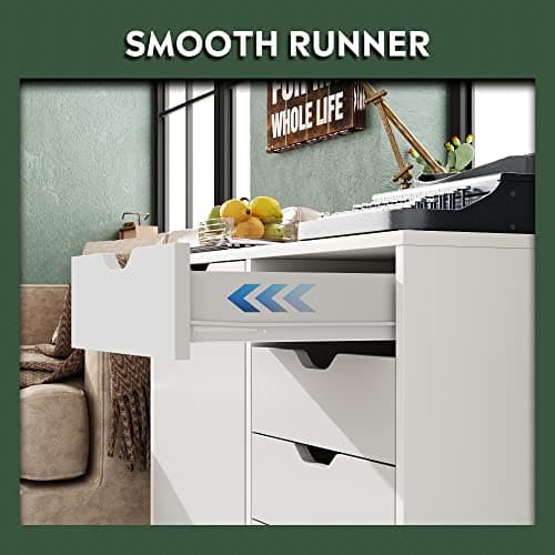 DEVAISE 5-Drawer Wood Drawer Cabinet, Office Storage Cabinet with Adjustable Shelf & Wheels, Printer Stand for Home Office, White 6