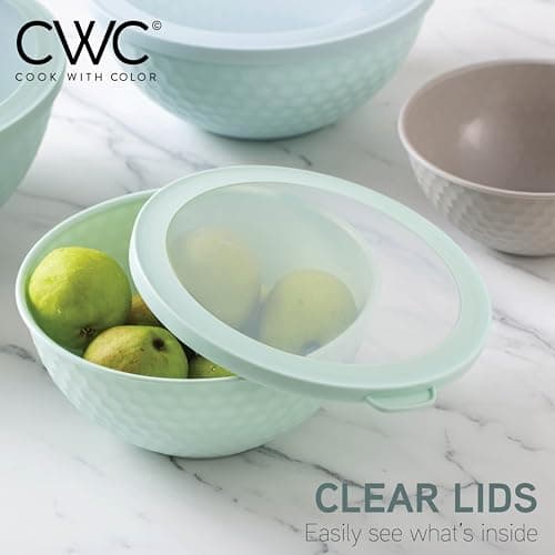 COOK WITH COLOR Mixing Bowls with Lids - 12 Piece Plastic Nesting Bowls Set includes 6 Prep Bowls and 6 Lids, Microwave Safe Mixing Bowl Set, Mint Embossed 6