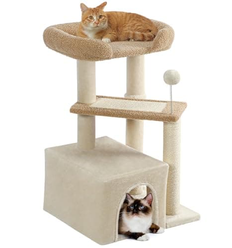 Made4Pets Cat Tree, Carpet Cat Tower Grey for Indoors Cats, Cute Wood Kitty Condo with Scratching Post and Pad, 29" Multi-Level Modern Activity Climbing Furniture for Small and Medium Cats