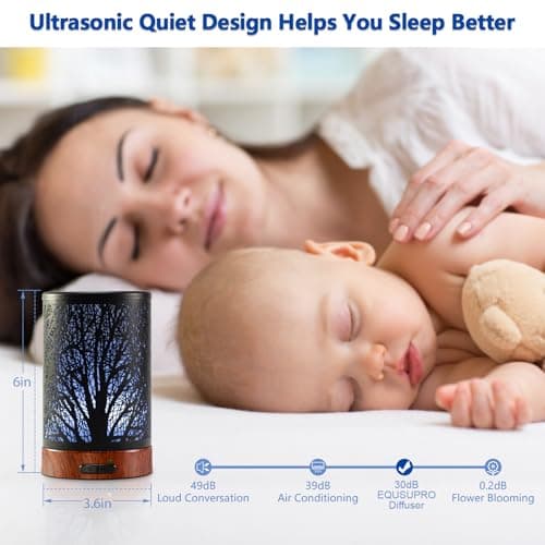 EQUSUPRO Essential Oil Diffuser 150ml Black Metal Aromatherapy Oil Diffuser Ultrasonic Cool Mist Diffuser with Auto Shut-Off Protection,7 Colors Changed LED for Home Office SPA Yoga (A-Tree) 6