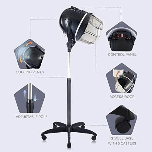 Y-NOT Professional Hairdryer Height Adjustable Hooded Stand Up Bonnet Hair Dryer, Floor Standing Rolling Base with Wheels for Beauty Salon Equipment Home Spa 9